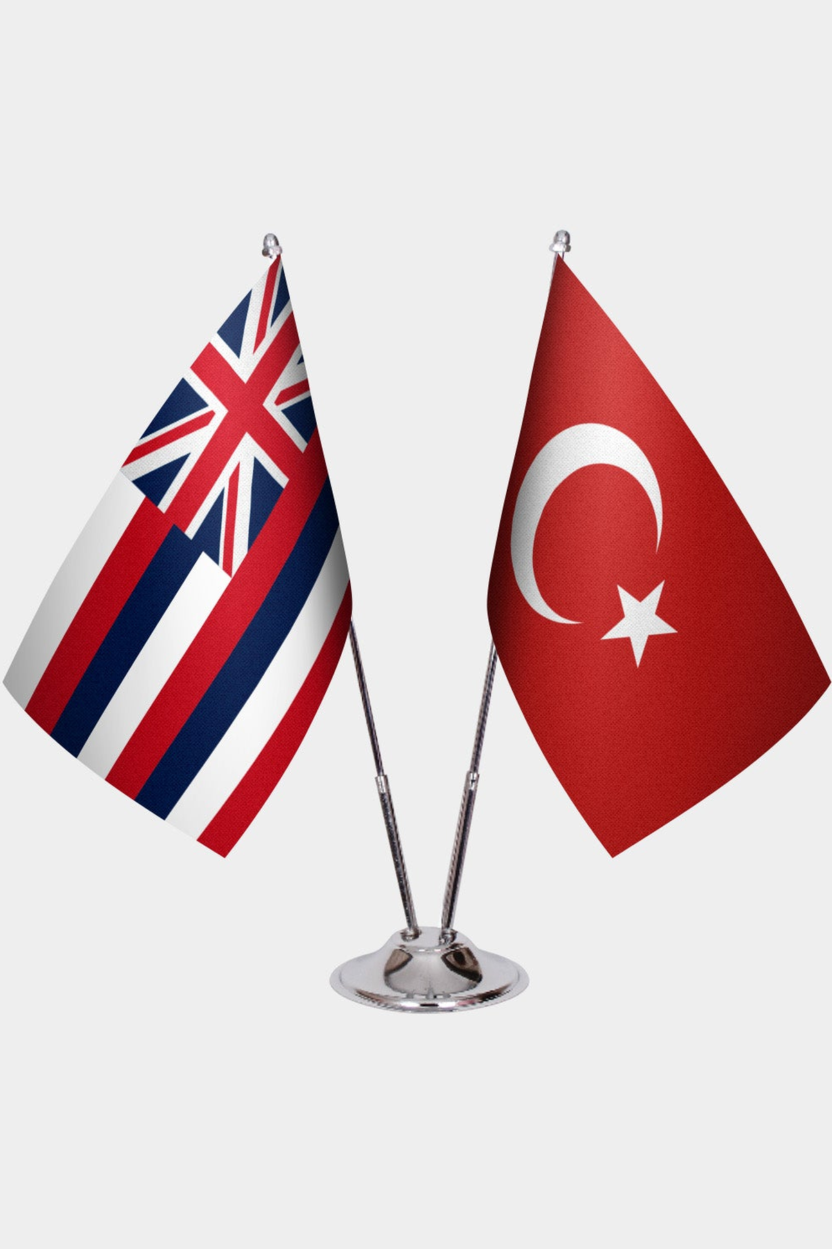 Hawaii and Türkiye dual desk flag set with chrome silver pedestal, satin office table flag
