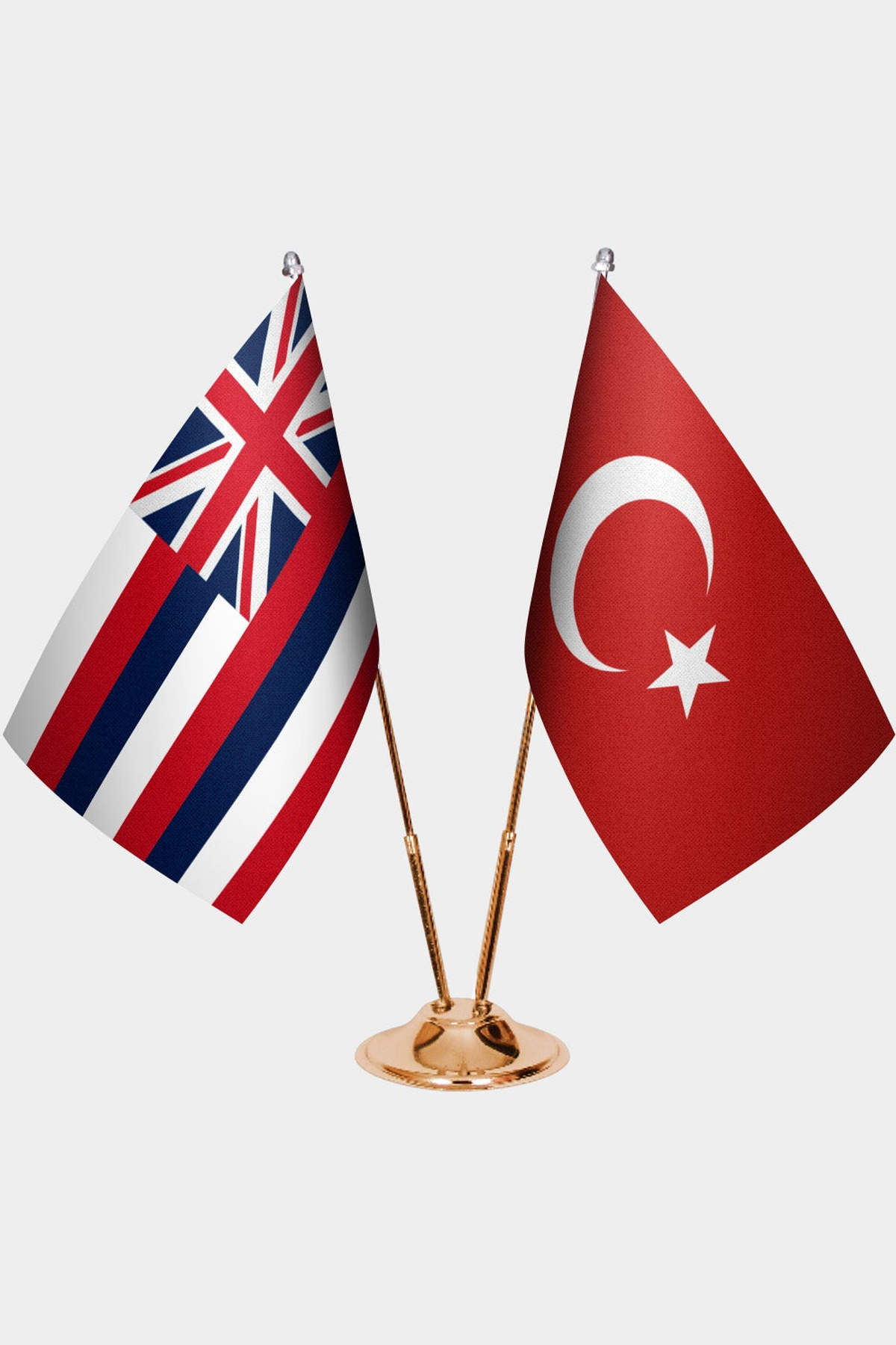 Hawaii and Türkiye dual desk flag set with gold pedestal, satin office table flag