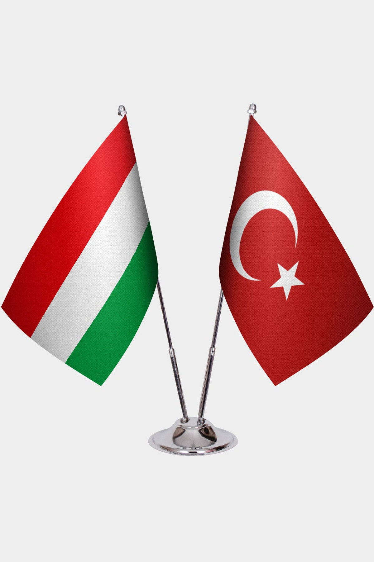 Hungary and Türkiye dual desk flag set with chrome silver pedestal, satin office table flag