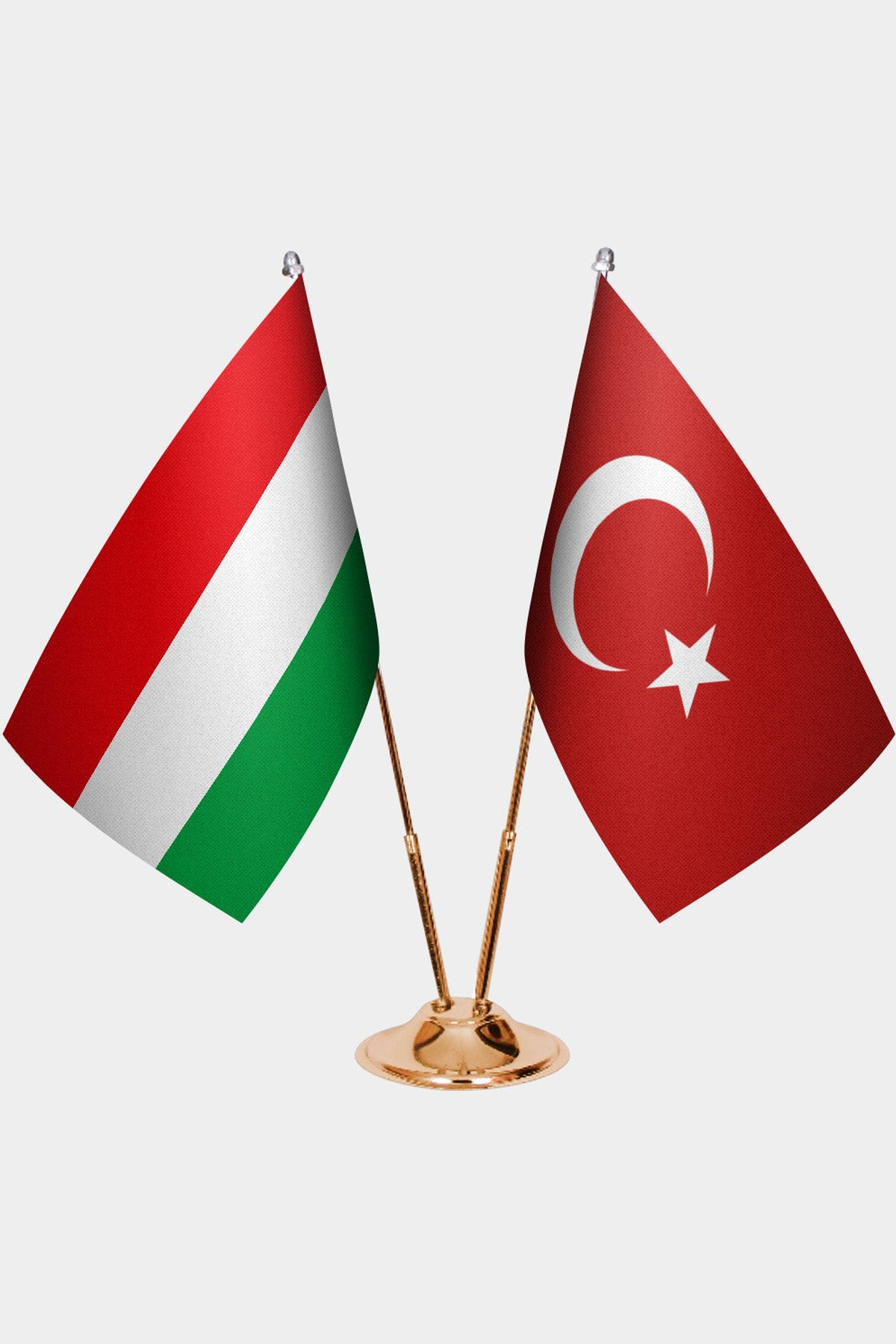 Hungary and Türkiye dual desk flag set with gold pedestal, satin office table flag