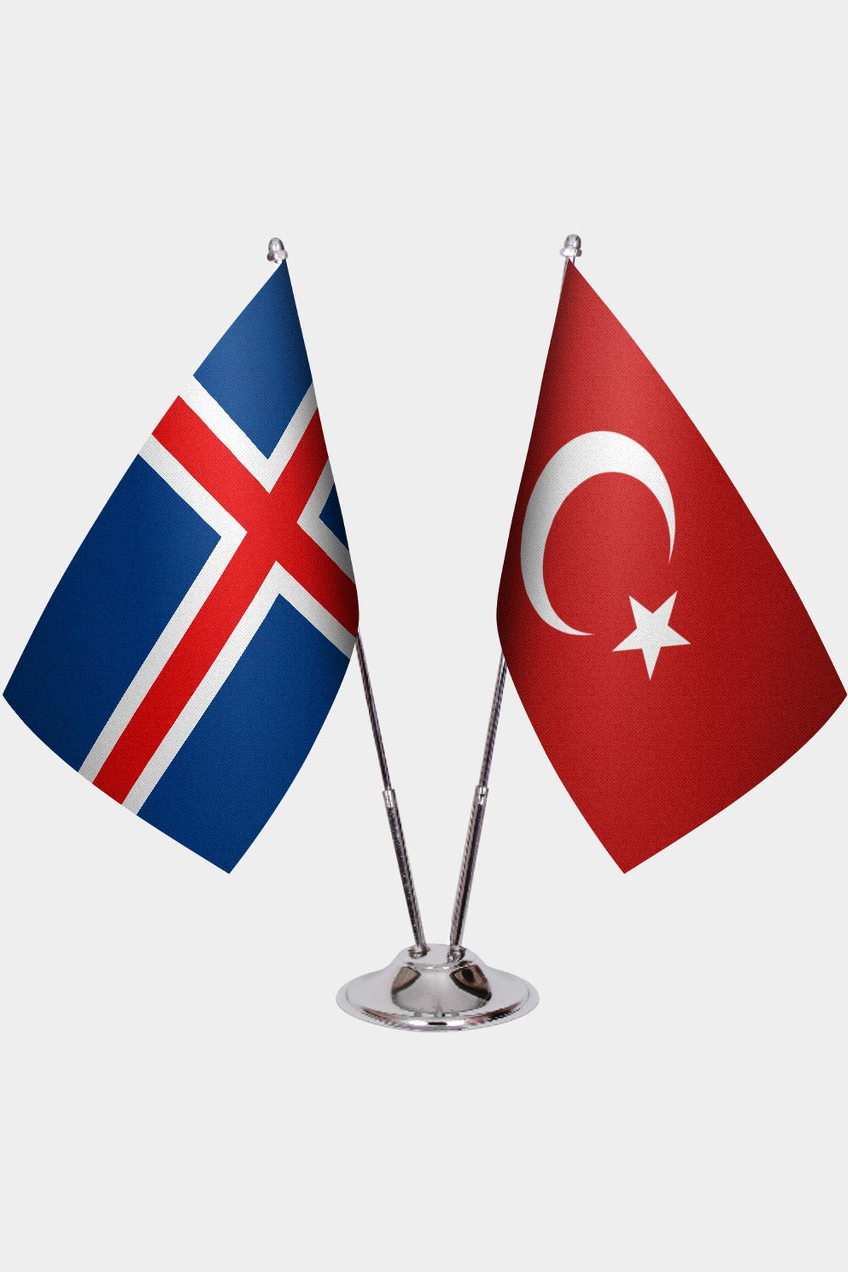 Iceland and Türkiye dual desk flag set with chrome silver pedestal, satin office table flag