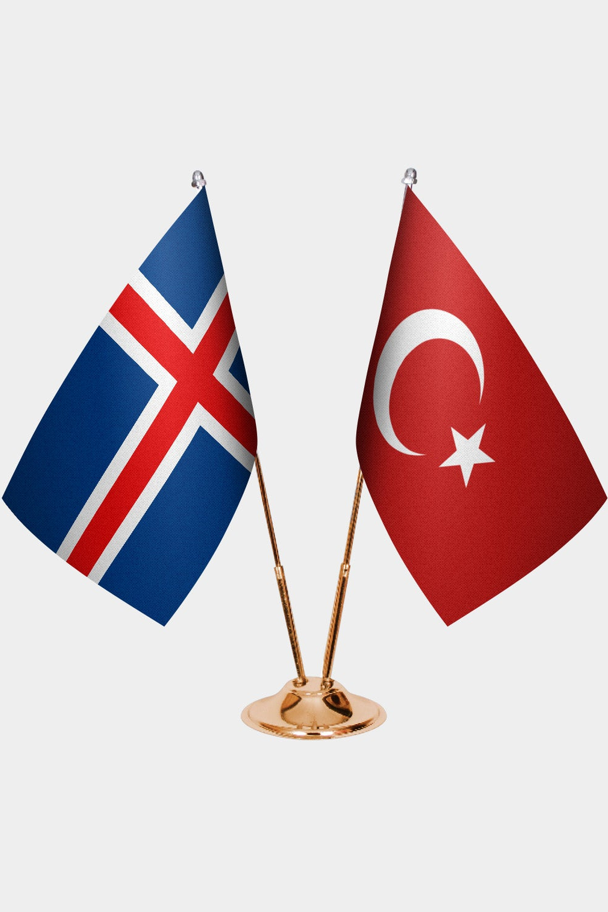 Iceland and Türkiye dual desk flag set with gold pedestal, satin office table flag