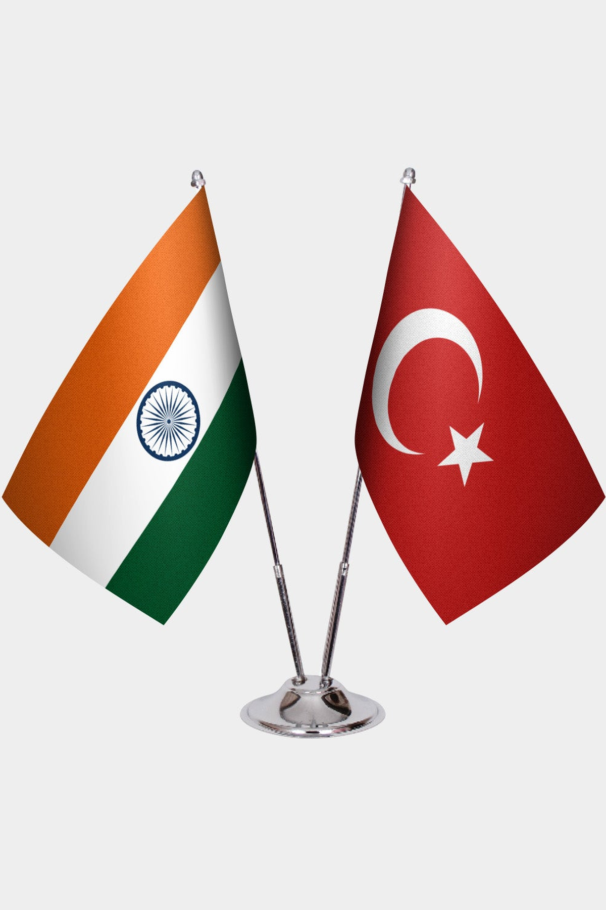 India and Türkiye dual desk flag set with chrome silver pedestal, satin office table flag