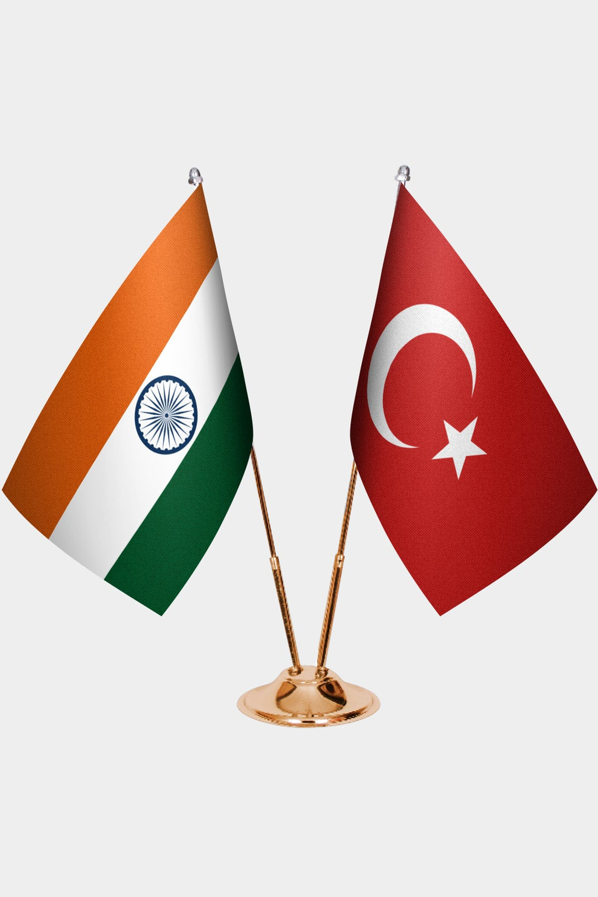 India and Türkiye dual desk flag set with gold pedestal, satin office table flag