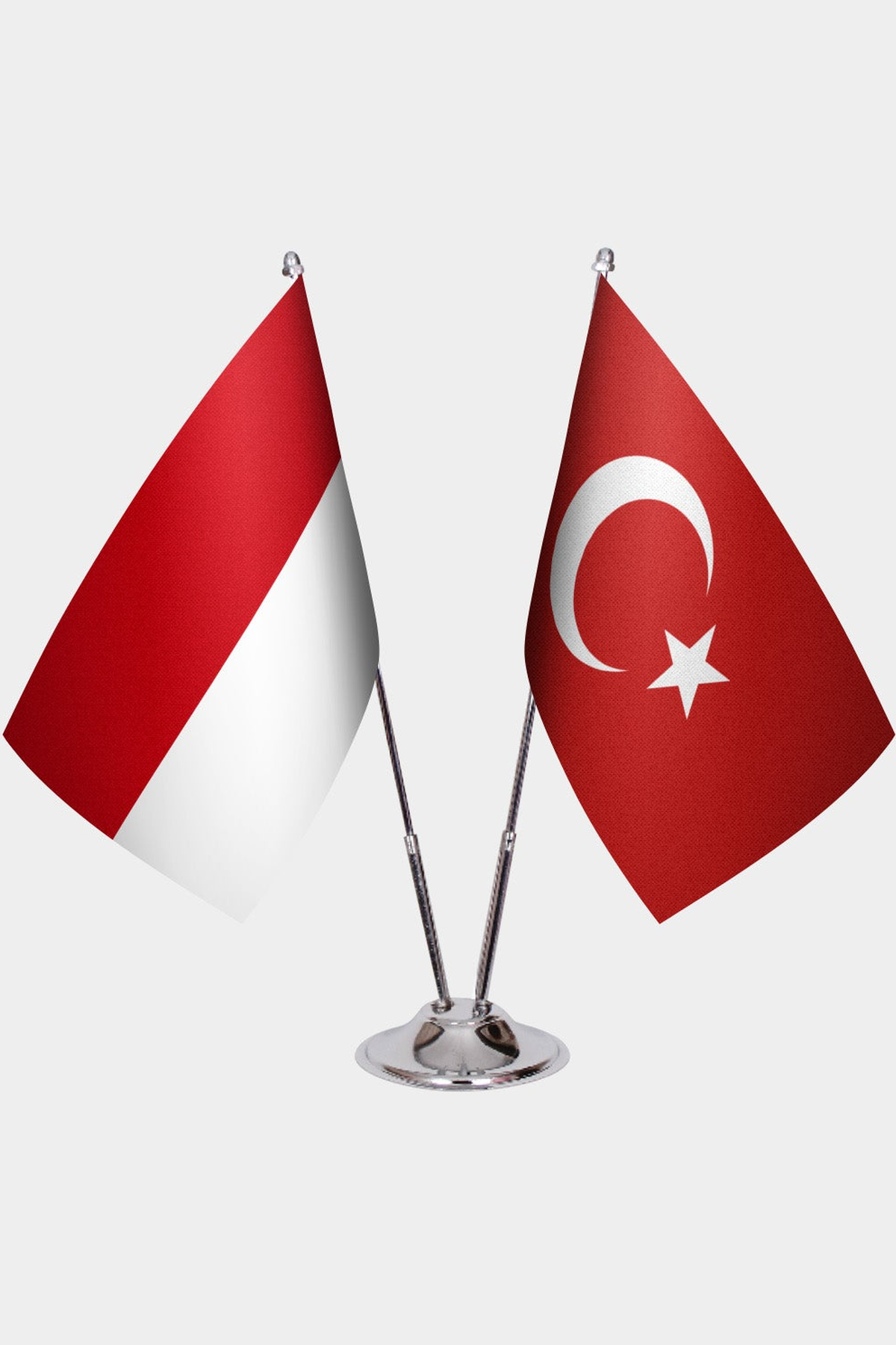 Indonesia and Türkiye dual desk flag set with chrome silver pedestal, satin office table flag