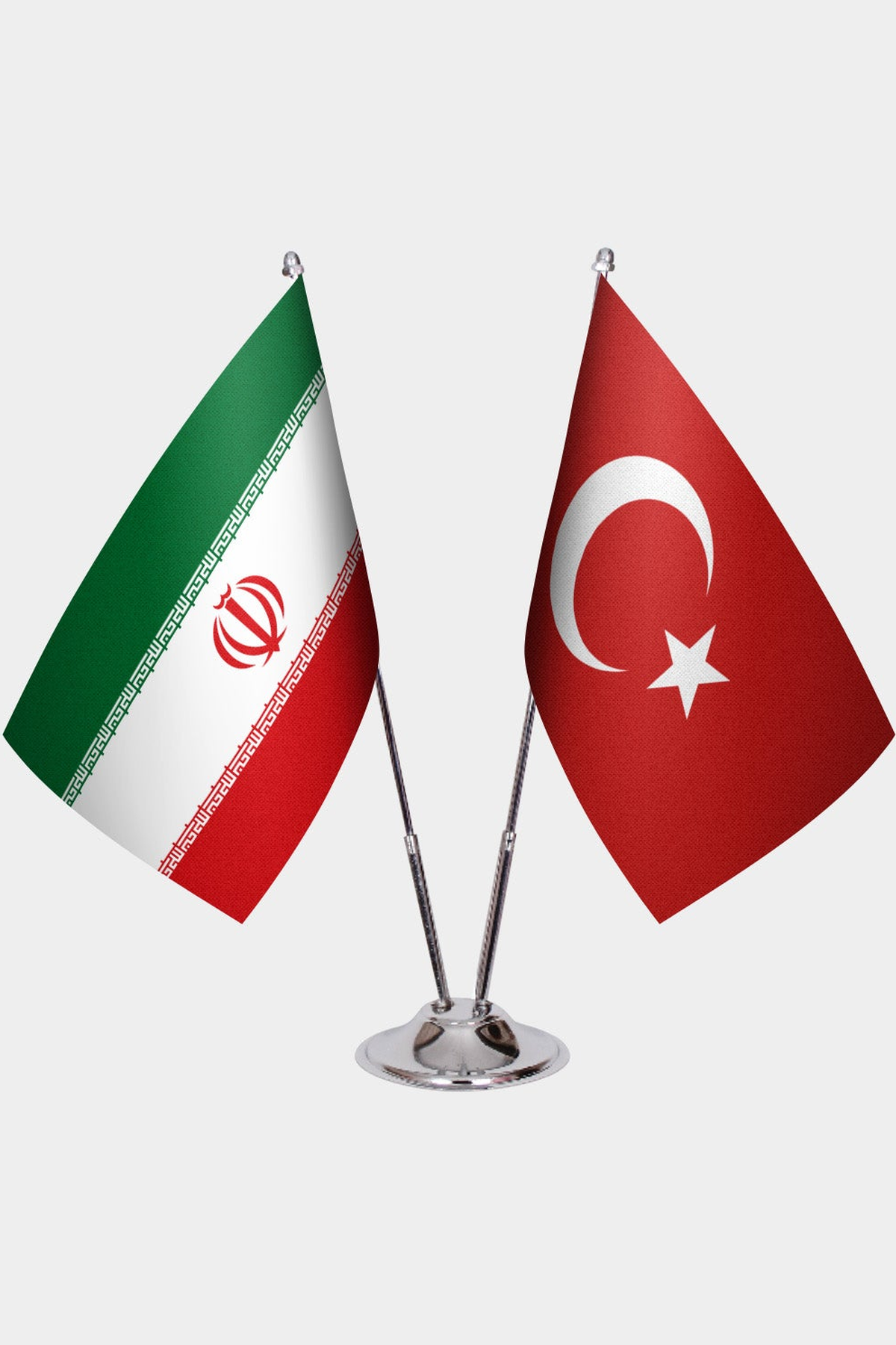 Iran and Türkiye dual desk flag set with chrome silver pedestal, satin office table flag
