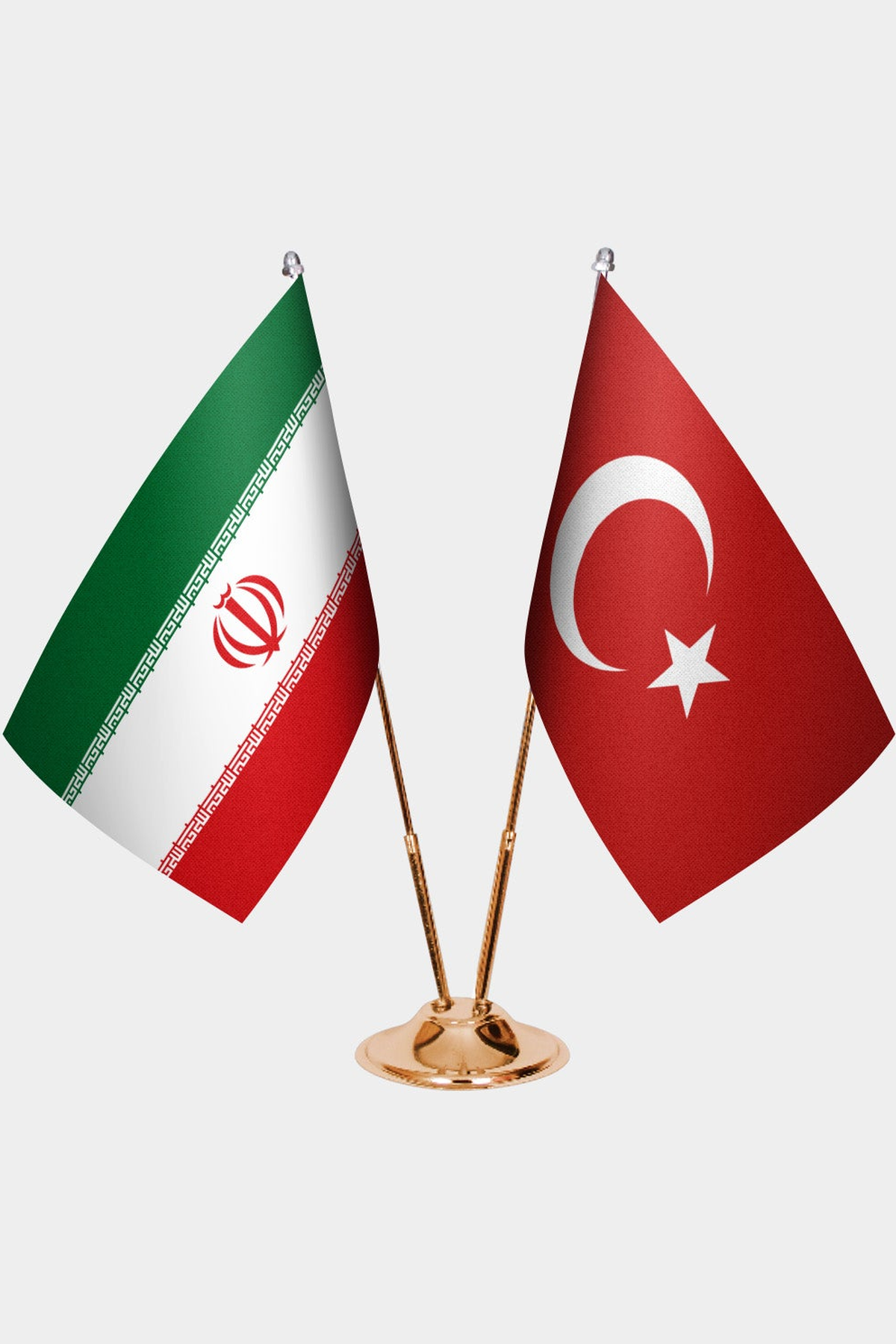 Iran and Türkiye dual desk flag set with gold pedestal, satin office table flag