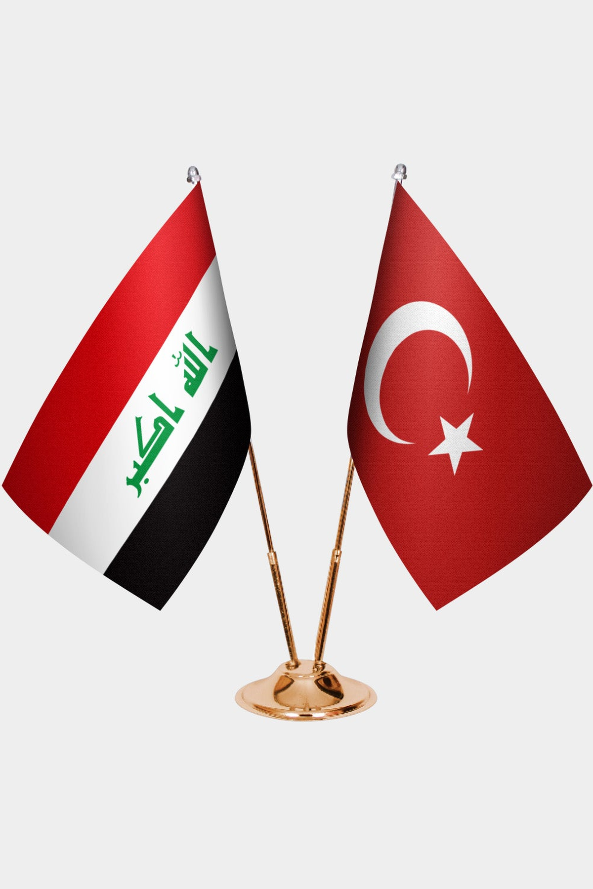 Iraq and Türkiye dual desk flag set with gold pedestal, satin office table flag