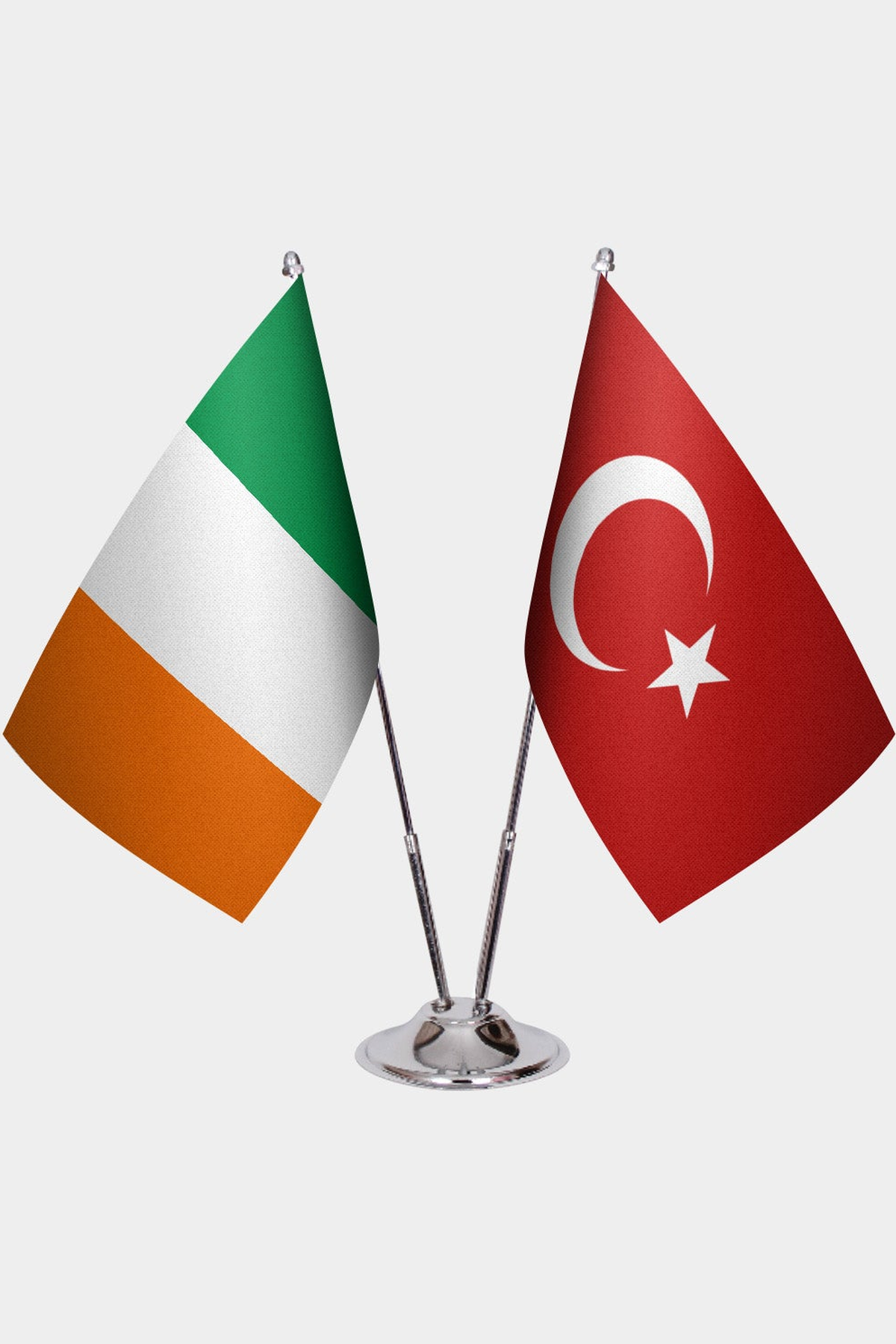 Ireland and Türkiye dual desk flag set with chrome silver pedestal, satin office table flag