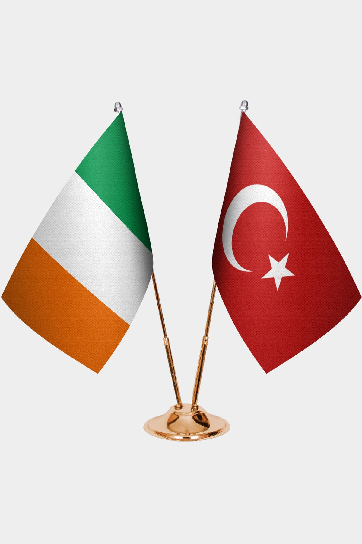 Ireland and Türkiye dual desk flag set with gold pedestal, satin office table flag