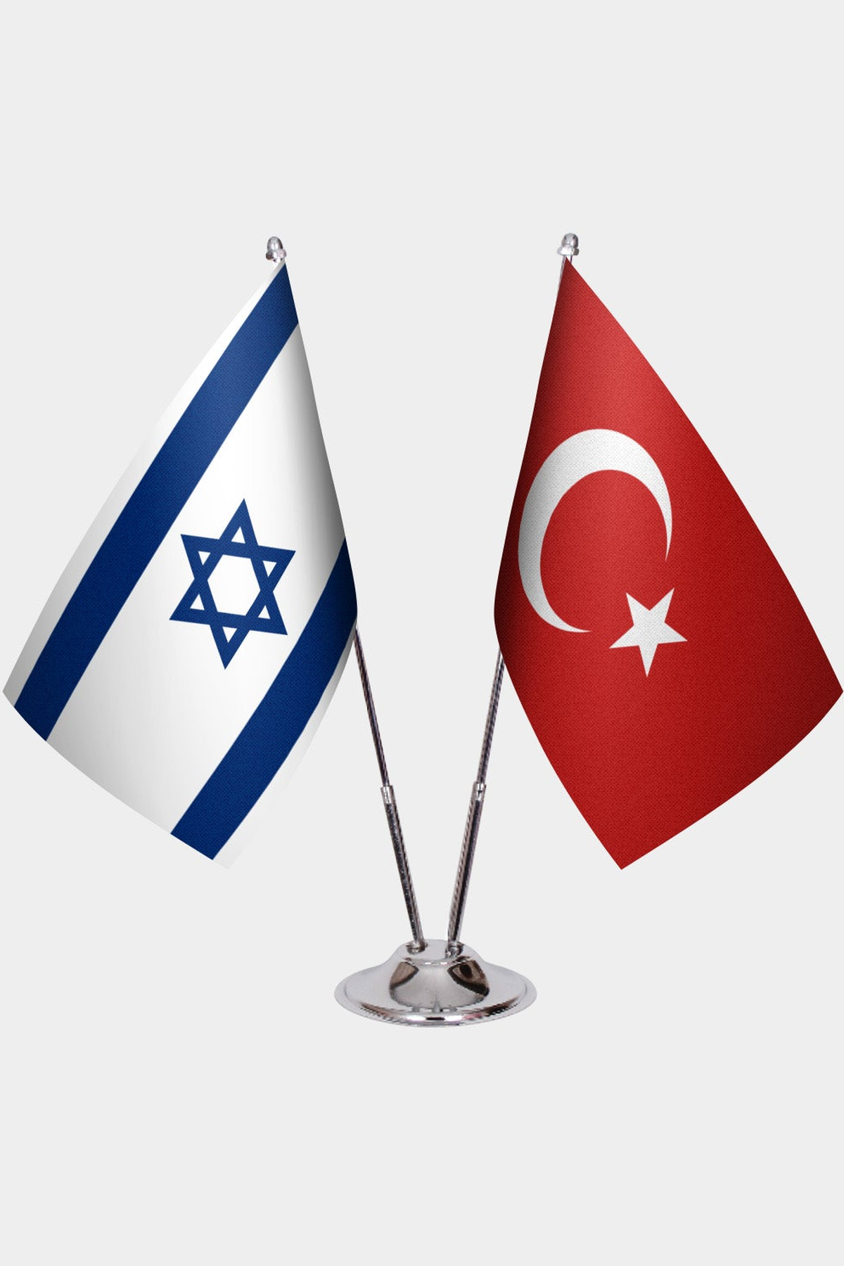 Israel and Türkiye dual desk flag set with chrome silver pedestal, satin office table flag