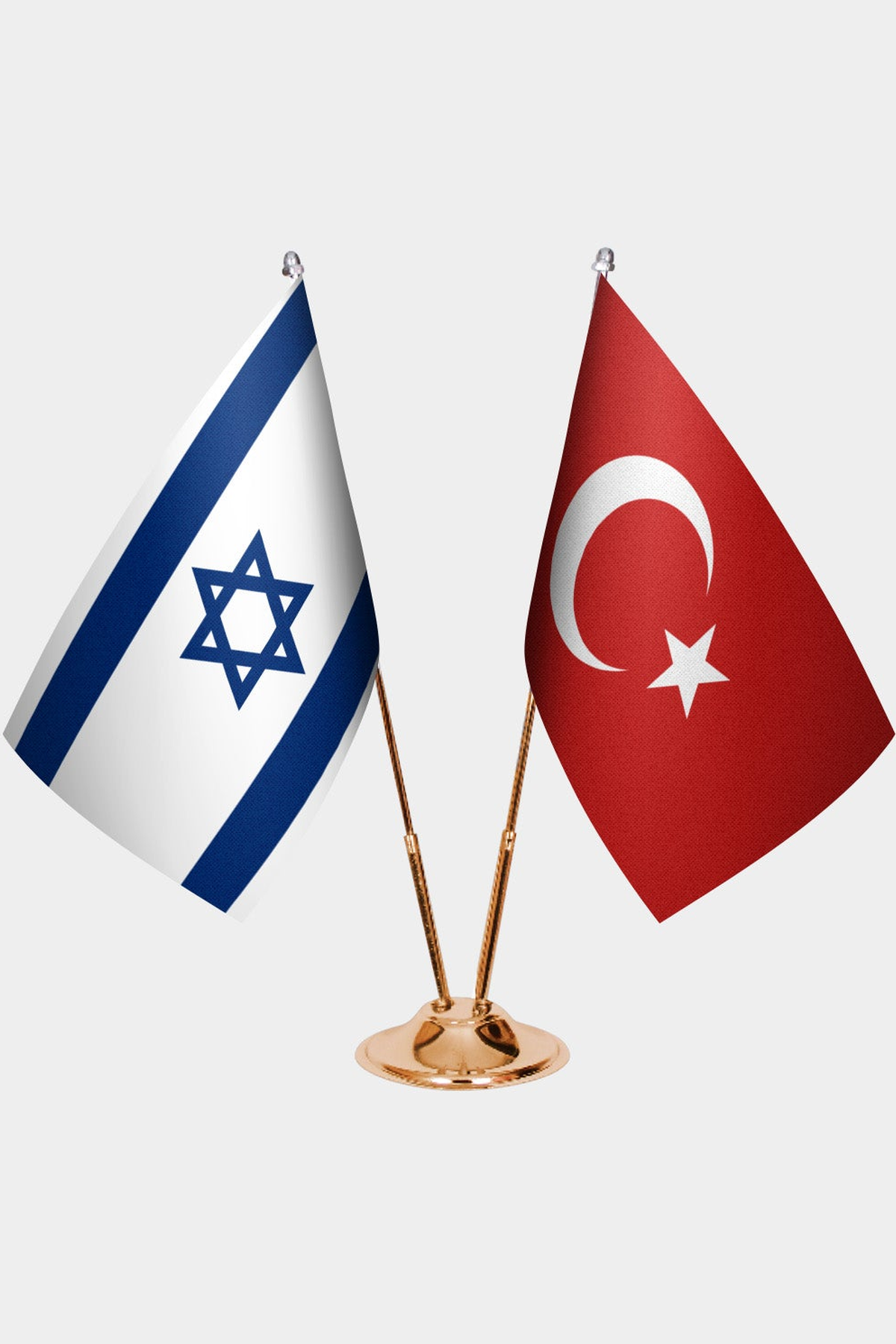 Israel and Türkiye dual desk flag set with gold pedestal, satin office table flag
