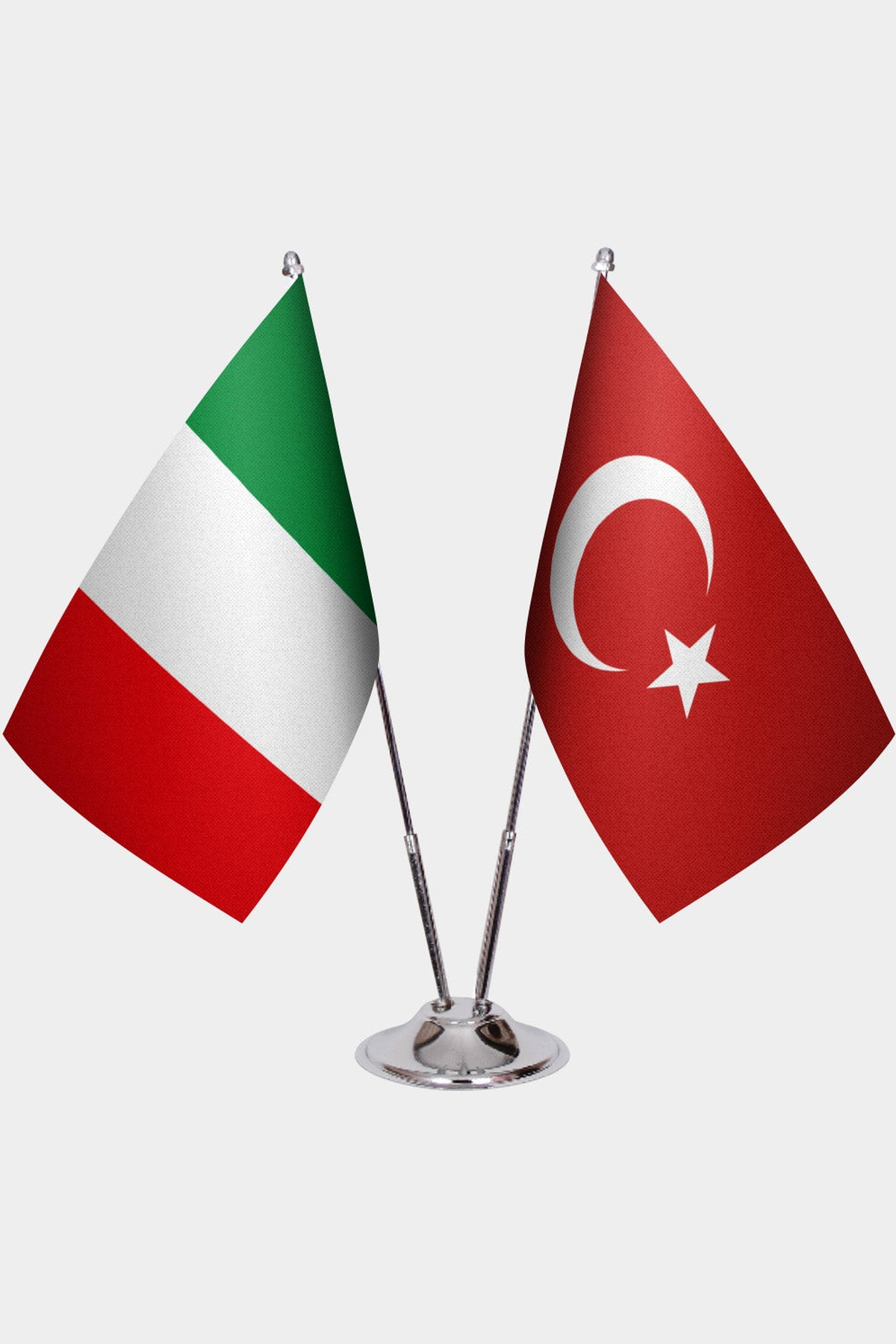 Italy and Türkiye dual desk flag set with chrome silver pedestal, satin office table flag