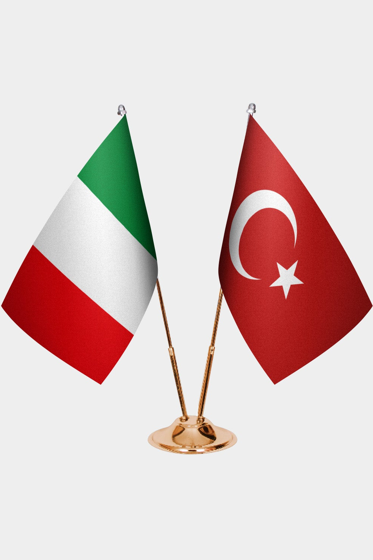 Italy and Türkiye dual desk flag set with gold pedestal, satin office table flag