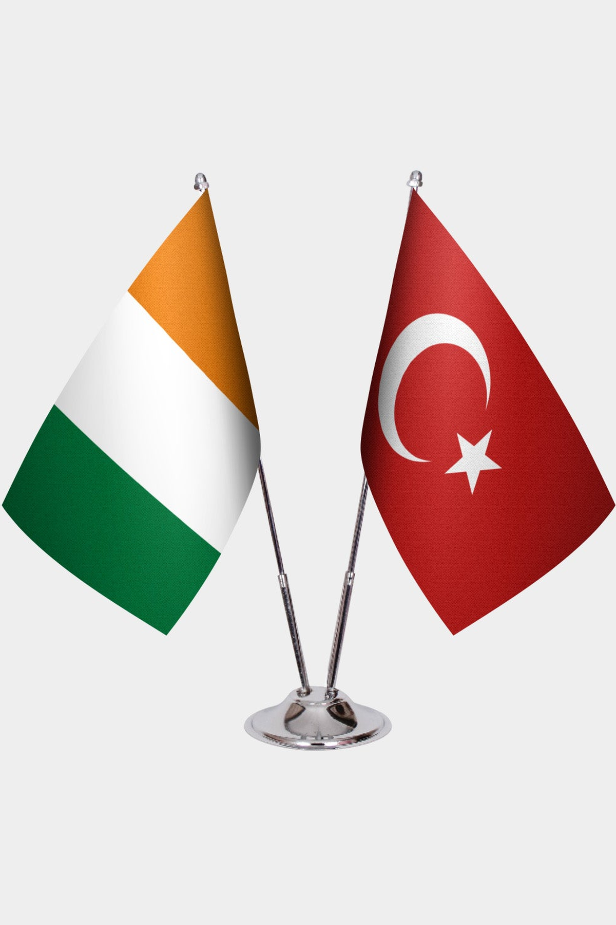 Ivory Coast and Türkiye dual desk flag set with chrome silver pedestal, satin office table flag