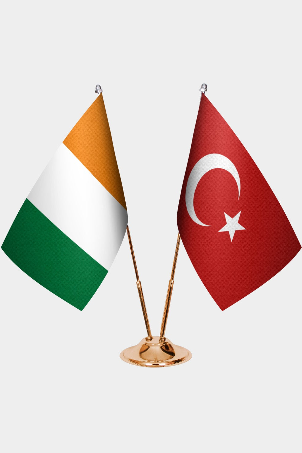 Ivory Coast and Türkiye dual desk flag set with gold pedestal, satin office table flag