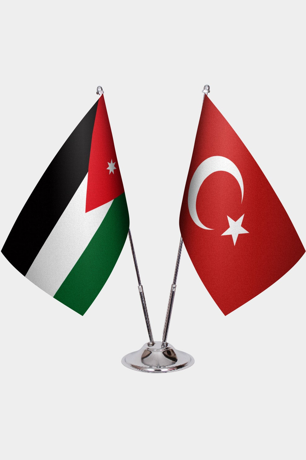 Jordan and Türkiye dual desk flag set with chrome silver pedestal, satin office table flag