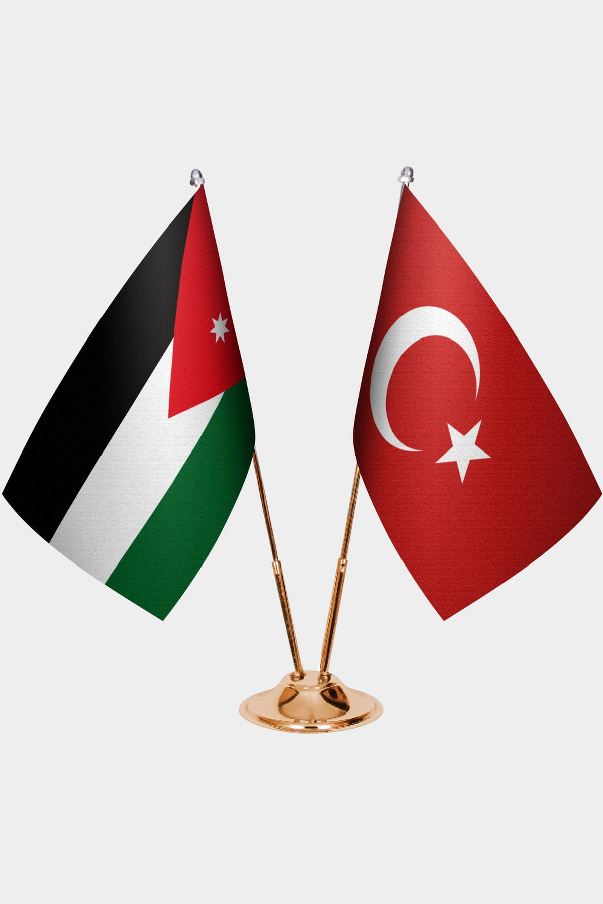 Jordan and Türkiye dual desk flag set with gold pedestal, satin office table flag