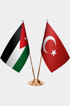 Jordan and Türkiye dual desk flag set with gold pedestal, satin office table flag