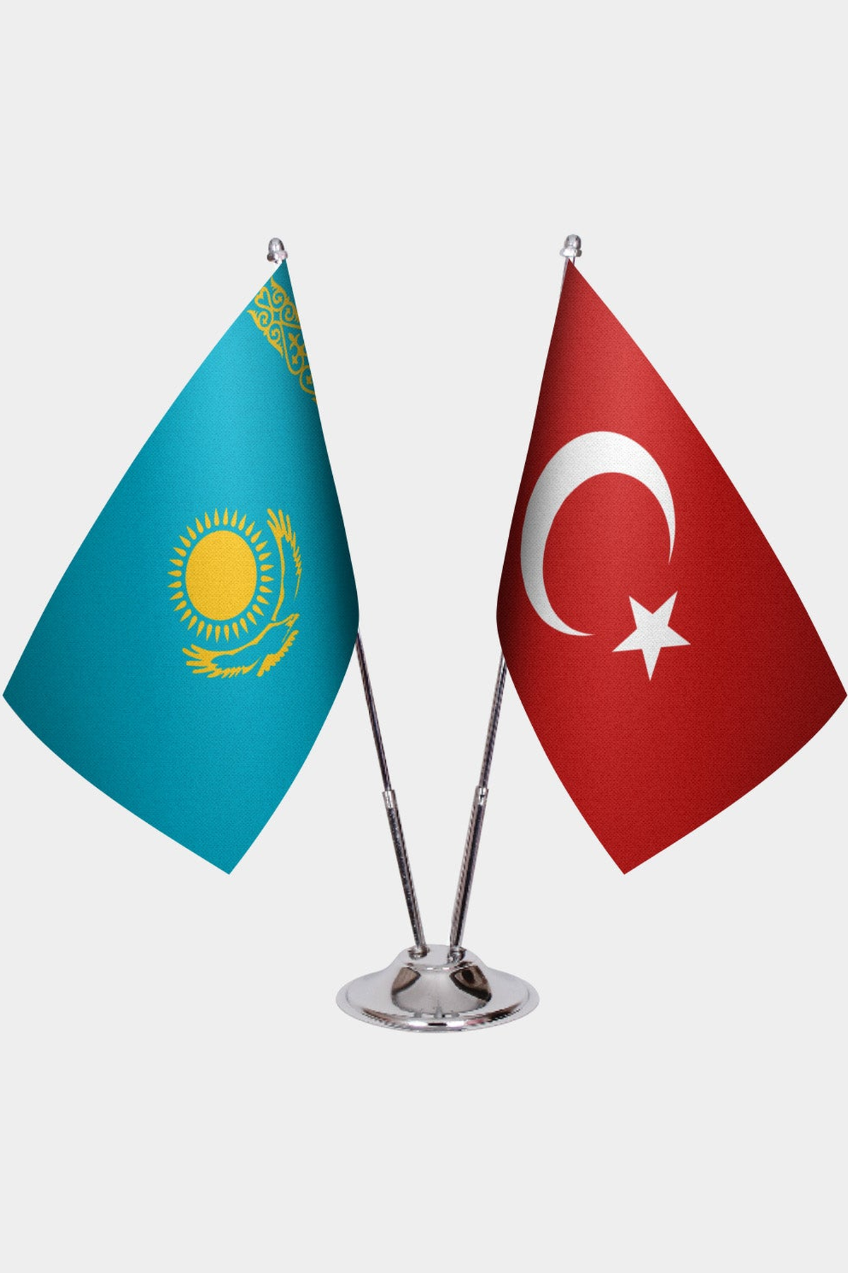 Kazakhstan and Türkiye dual desk flag set with chrome silver pedestal, satin office table flag