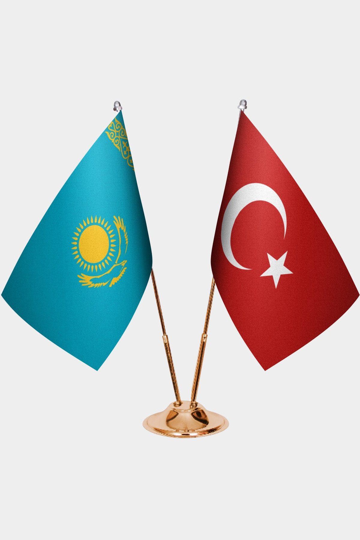 Kazakhstan and Türkiye dual desk flag set with gold pedestal, satin office table flag