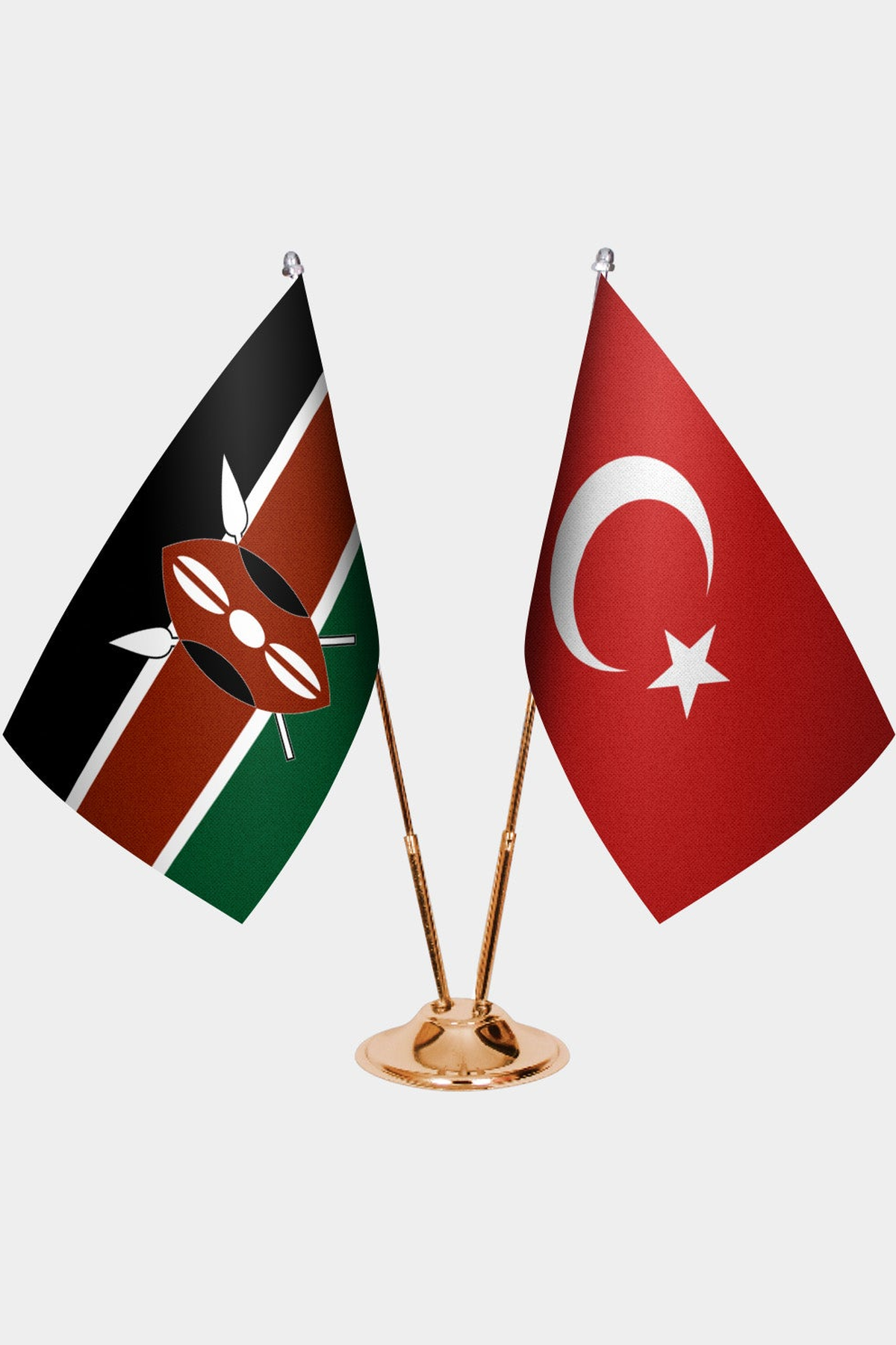 Kenya and Türkiye dual desk flag set with gold pedestal, satin office table flag