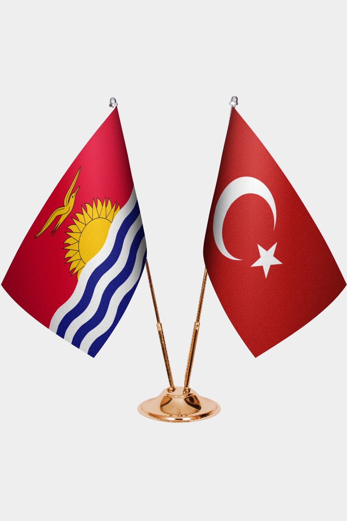 Kiribati and Türkiye dual desk flag set with gold pedestal, satin office table flag