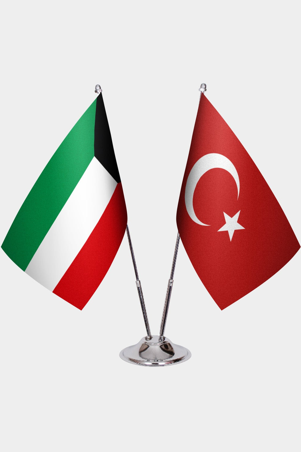 Kuwait and Türkiye dual desk flag set with chrome silver pedestal, satin office table flag