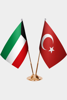 Kuwait and Türkiye dual desk flag set with gold pedestal, satin office table flag