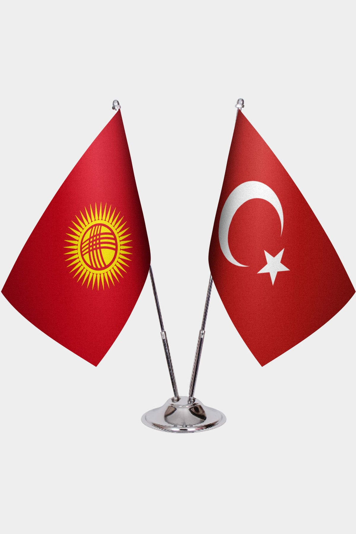 Kyrgyzstan and Türkiye dual desk flag set with chrome silver pedestal, satin office table flag