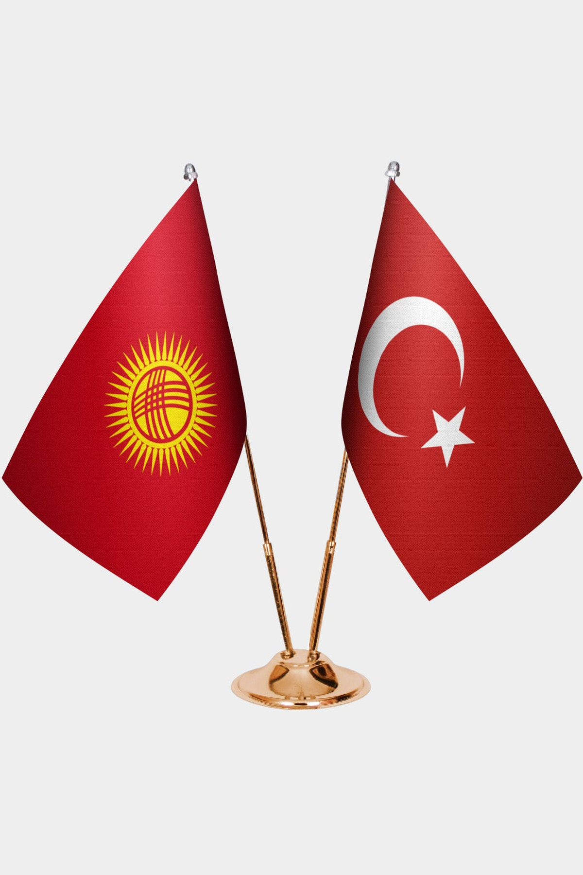 Kyrgyzstan and Türkiye dual desk flag set with gold pedestal, satin office table flag