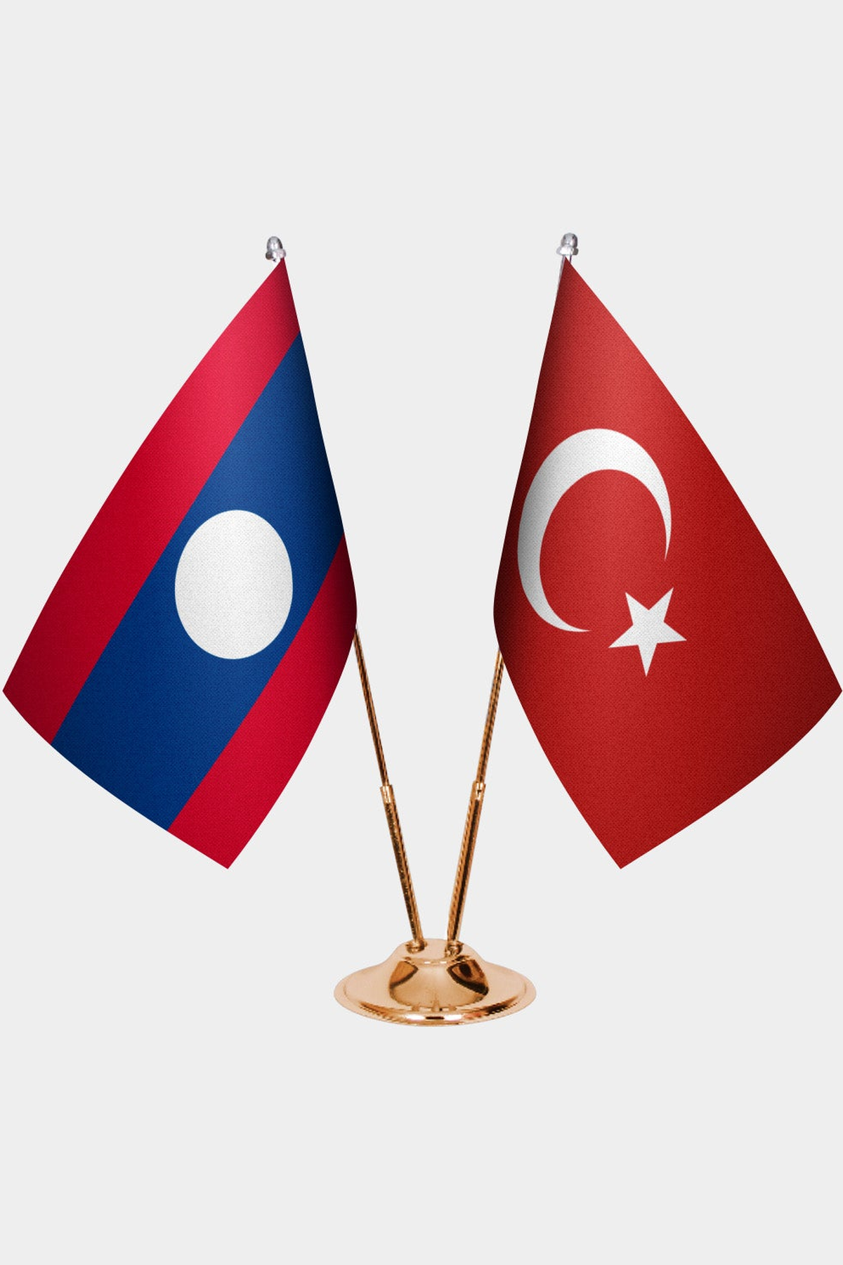 Laos and Türkiye dual desk flag set with gold pedestal, satin office table flag