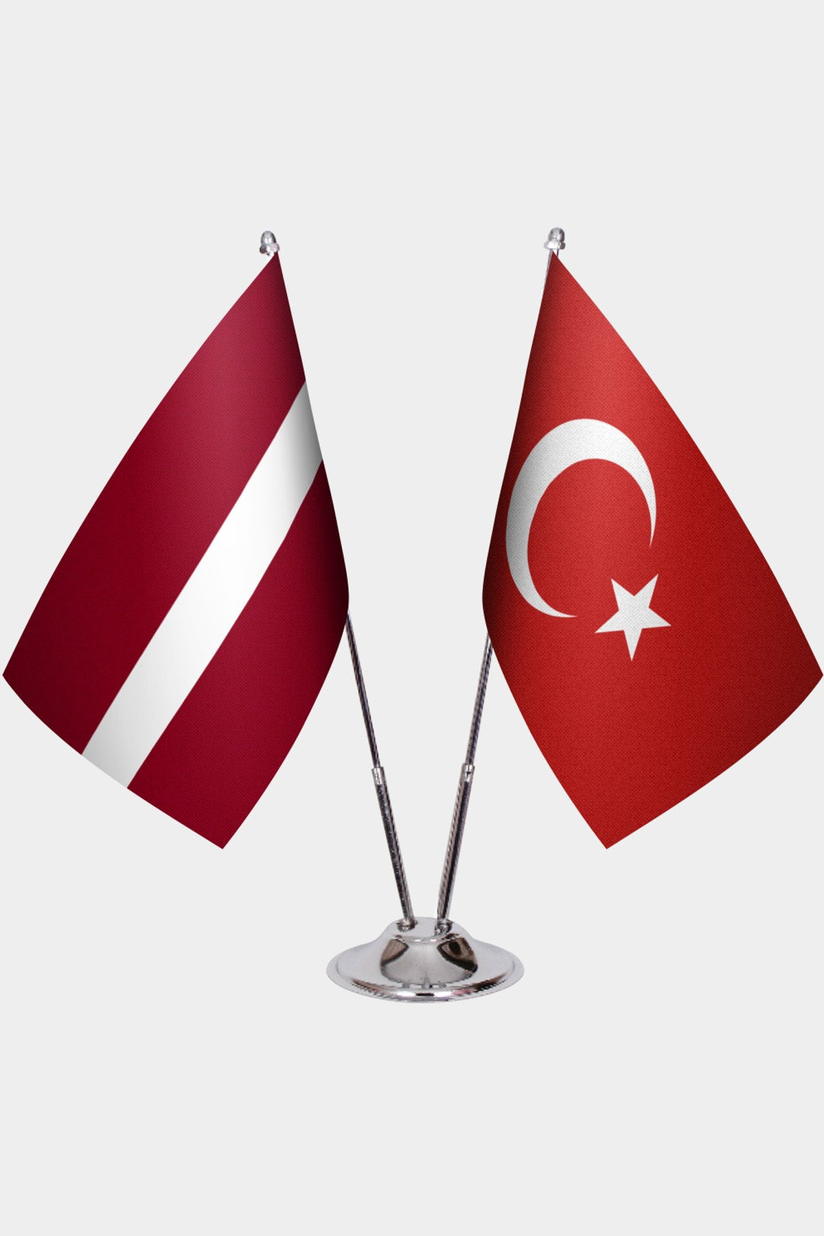 Latvia and Türkiye dual desk flag set with chrome silver pedestal, satin office table flag