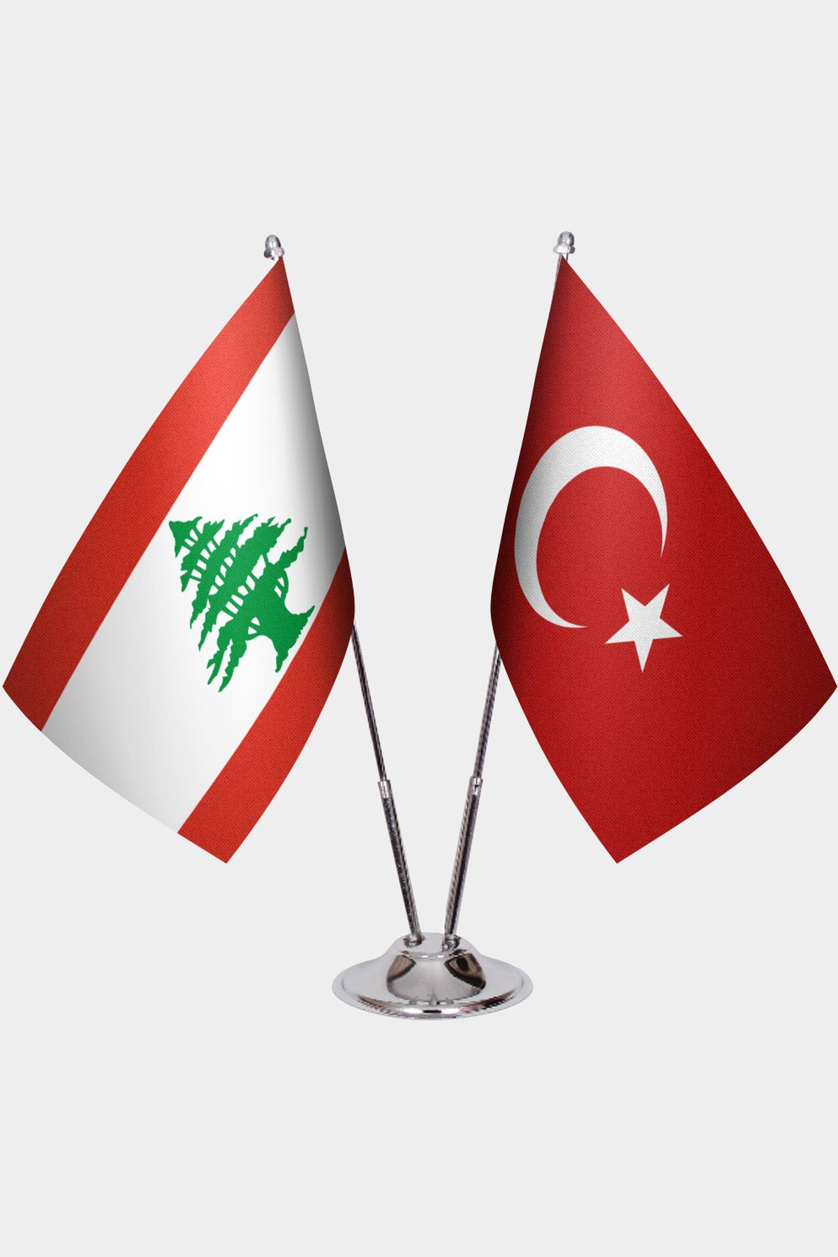 Lebanon and Türkiye dual desk flag set with chrome silver pedestal, satin office table flag