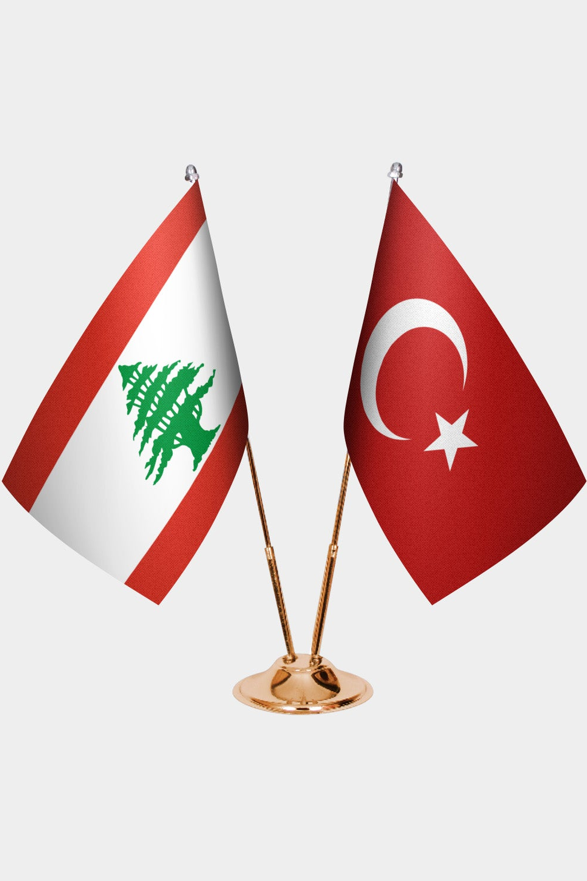 Lebanon and Türkiye dual desk flag set with gold pedestal, satin office table flag