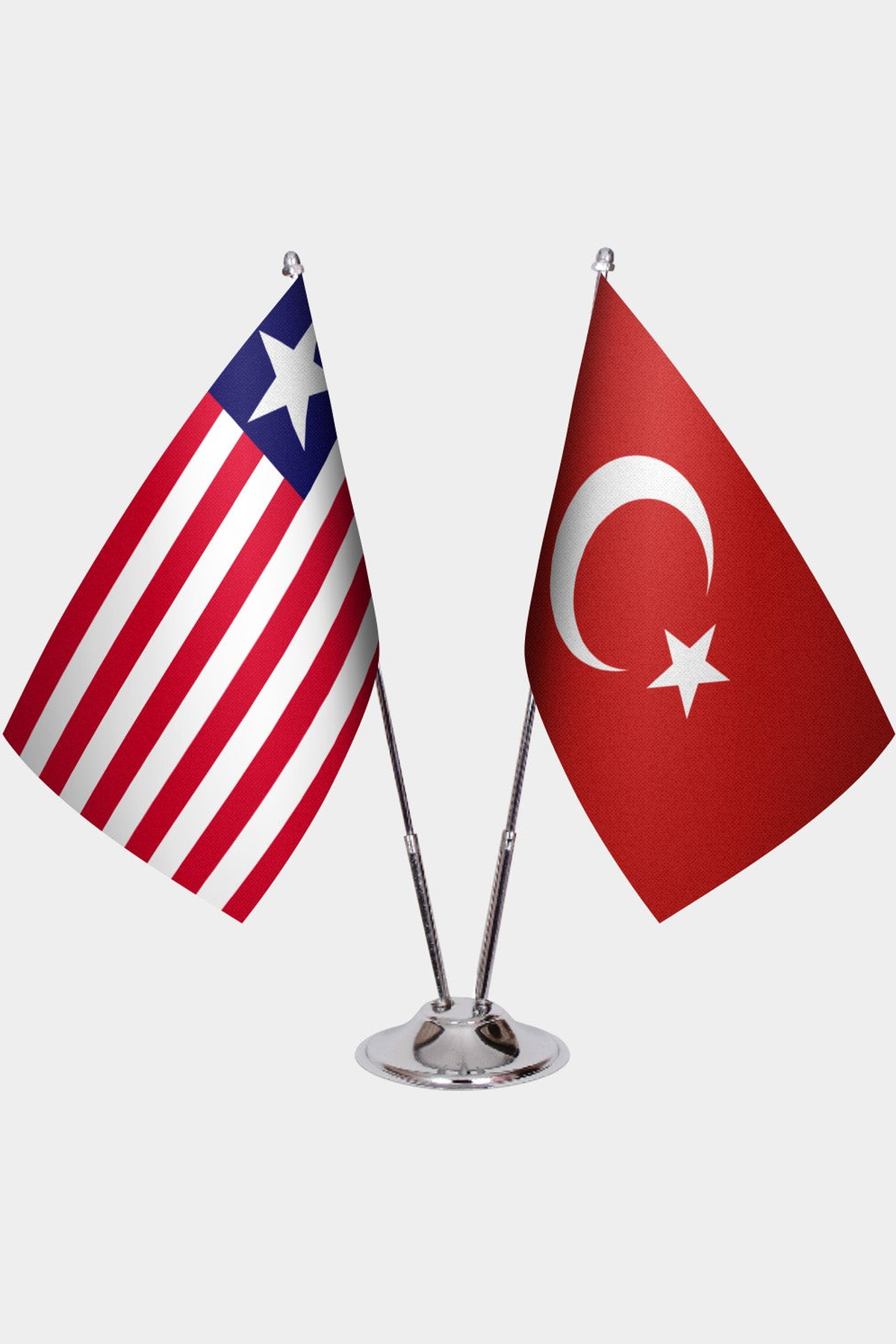 Liberia and Türkiye dual desk flag set with chrome silver pedestal, satin office table flag