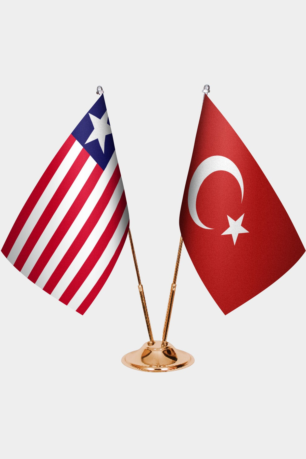 Liberia and Türkiye dual desk flag set with gold pedestal, satin office table flag
