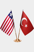 Liberia and Türkiye dual desk flag set with gold pedestal, satin office table flag