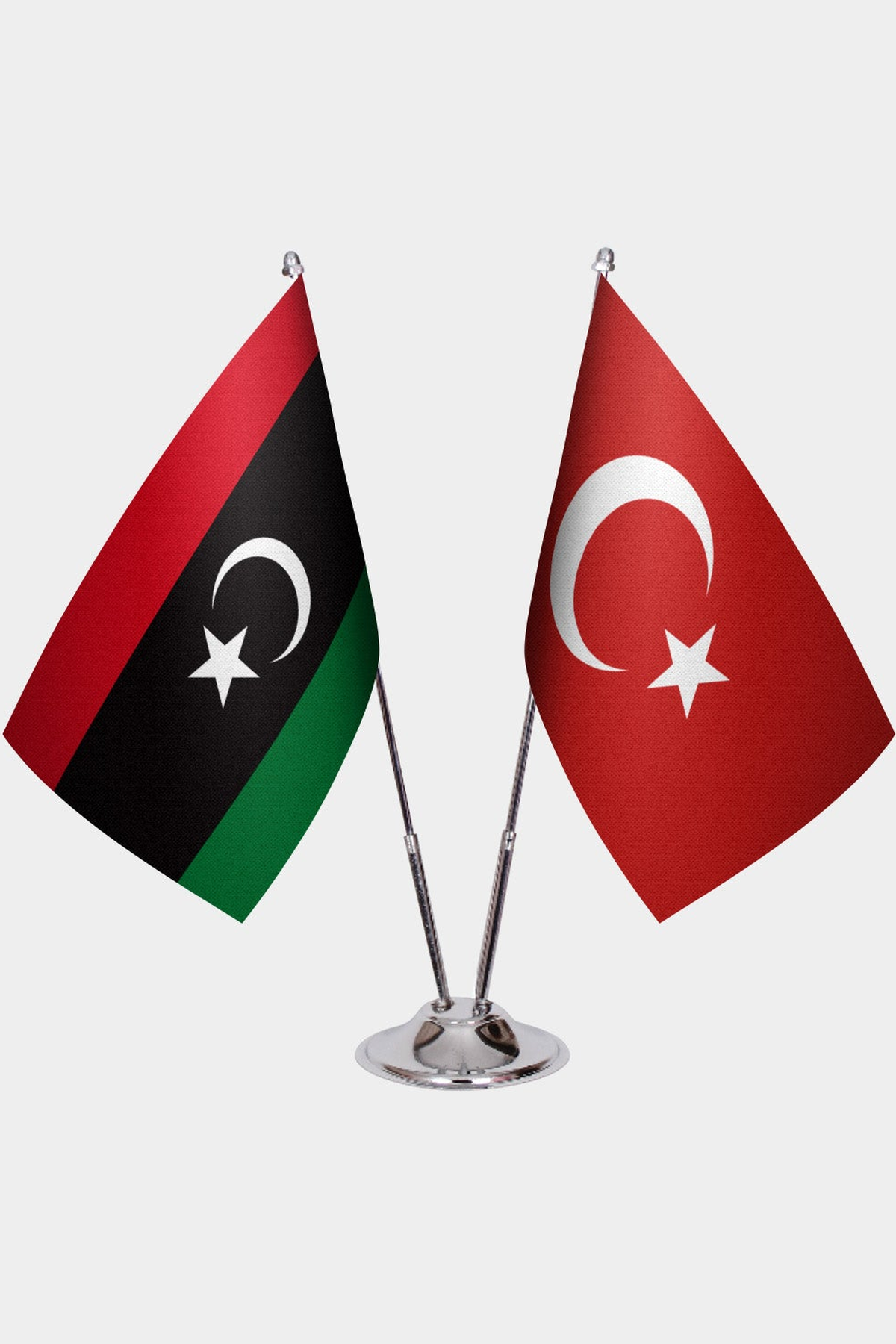 Libya and Türkiye dual desk flag set with chrome silver pedestal, satin office table flag