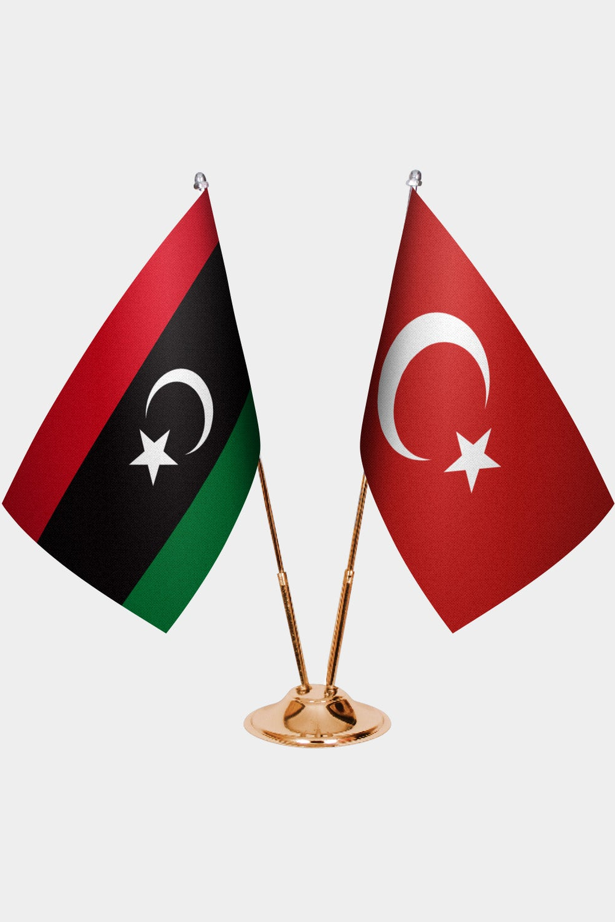 Libya and Türkiye dual desk flag set with gold pedestal, satin office table flag