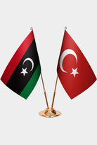 Libya and Türkiye dual desk flag set with gold pedestal, satin office table flag