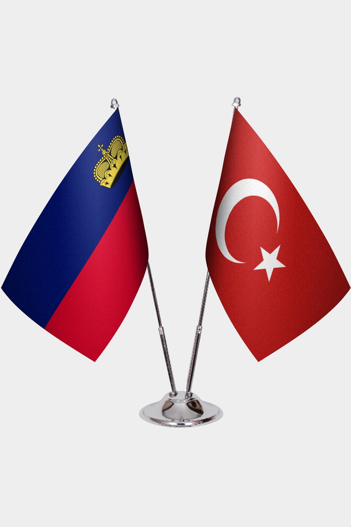 Liechtenstein and Türkiye dual desk flag set with chrome silver pedestal, satin office table flag