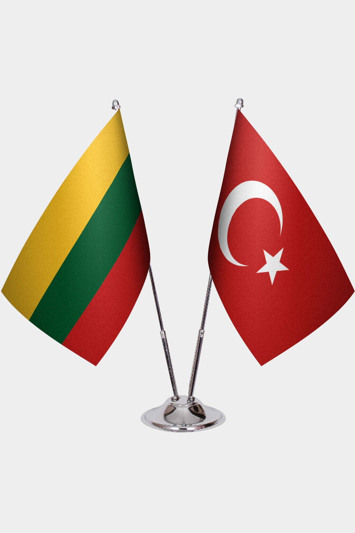 Lithuania and Türkiye dual desk flag set with chrome silver pedestal, satin office table flag