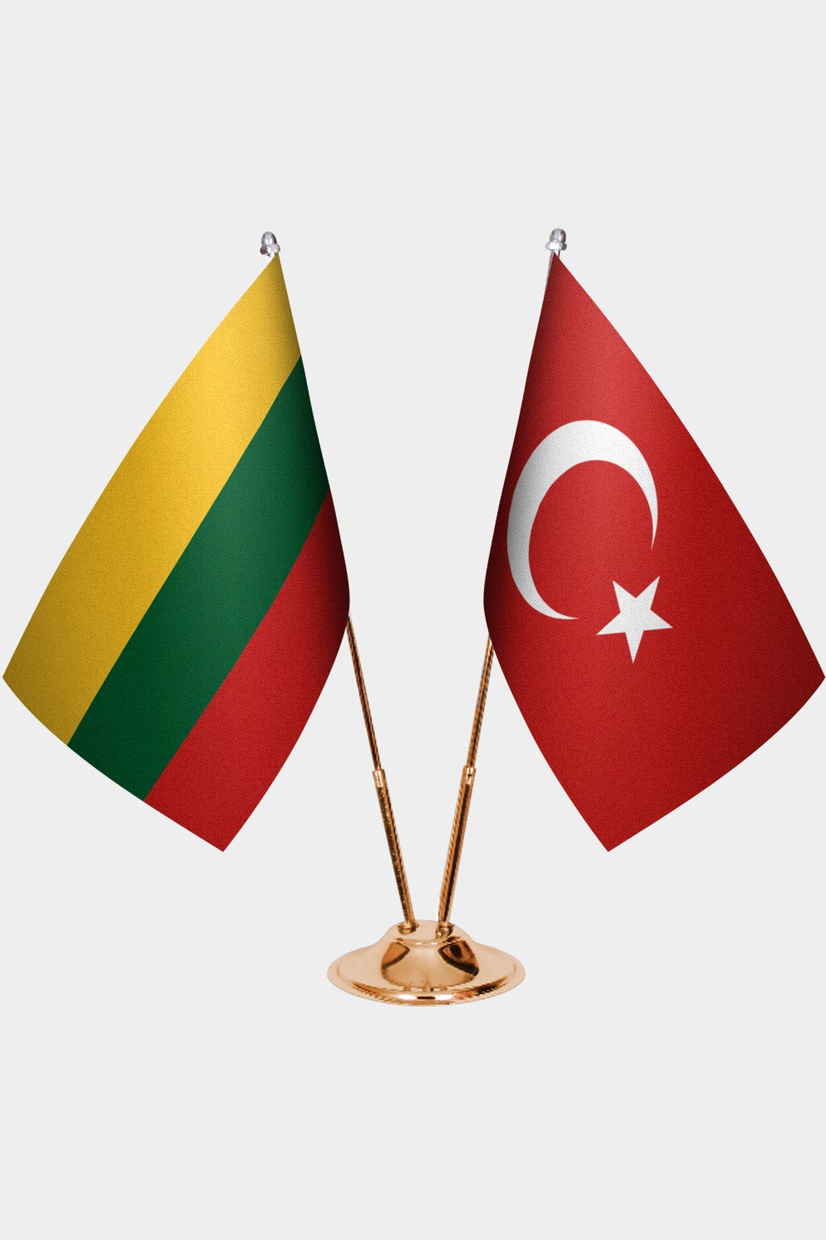 Lithuania and Türkiye dual desk flag set with gold pedestal, satin office table flag