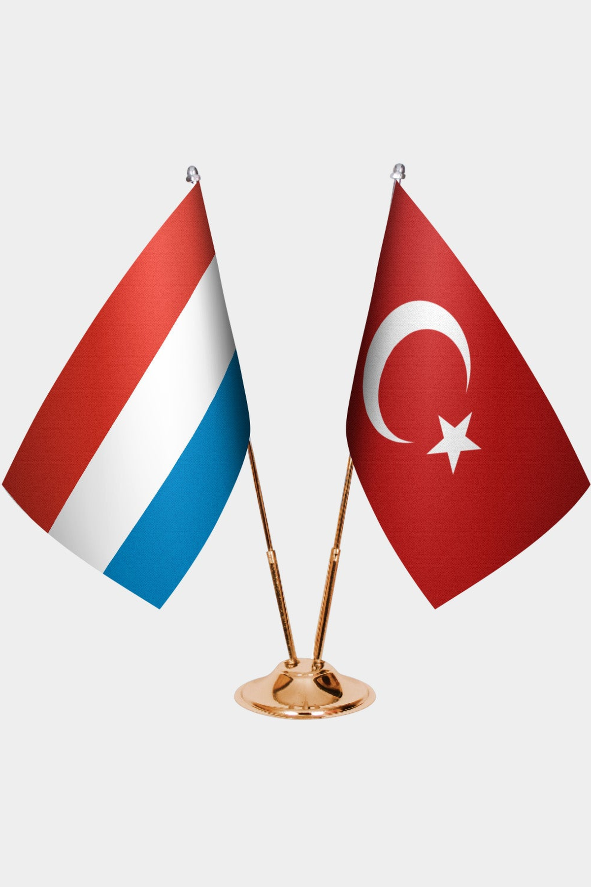 Luxembourg and Türkiye dual desk flag set with gold pedestal, satin office table flag