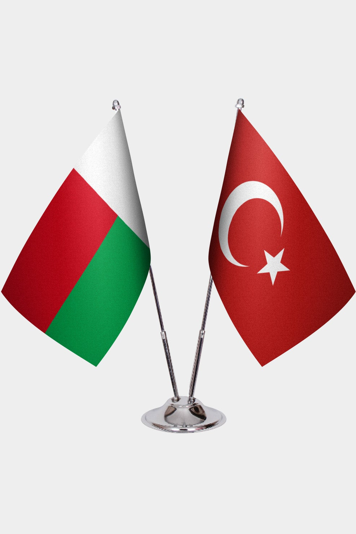 Madagascar and Türkiye dual desk flag set with chrome silver pedestal, satin office table flag