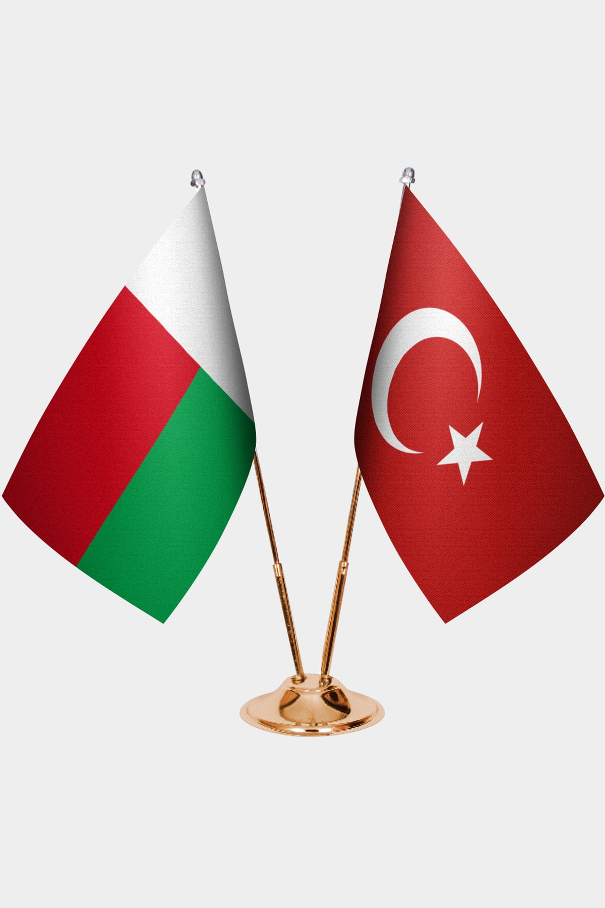 Madagascar and Türkiye dual desk flag set with gold pedestal, satin office table flag