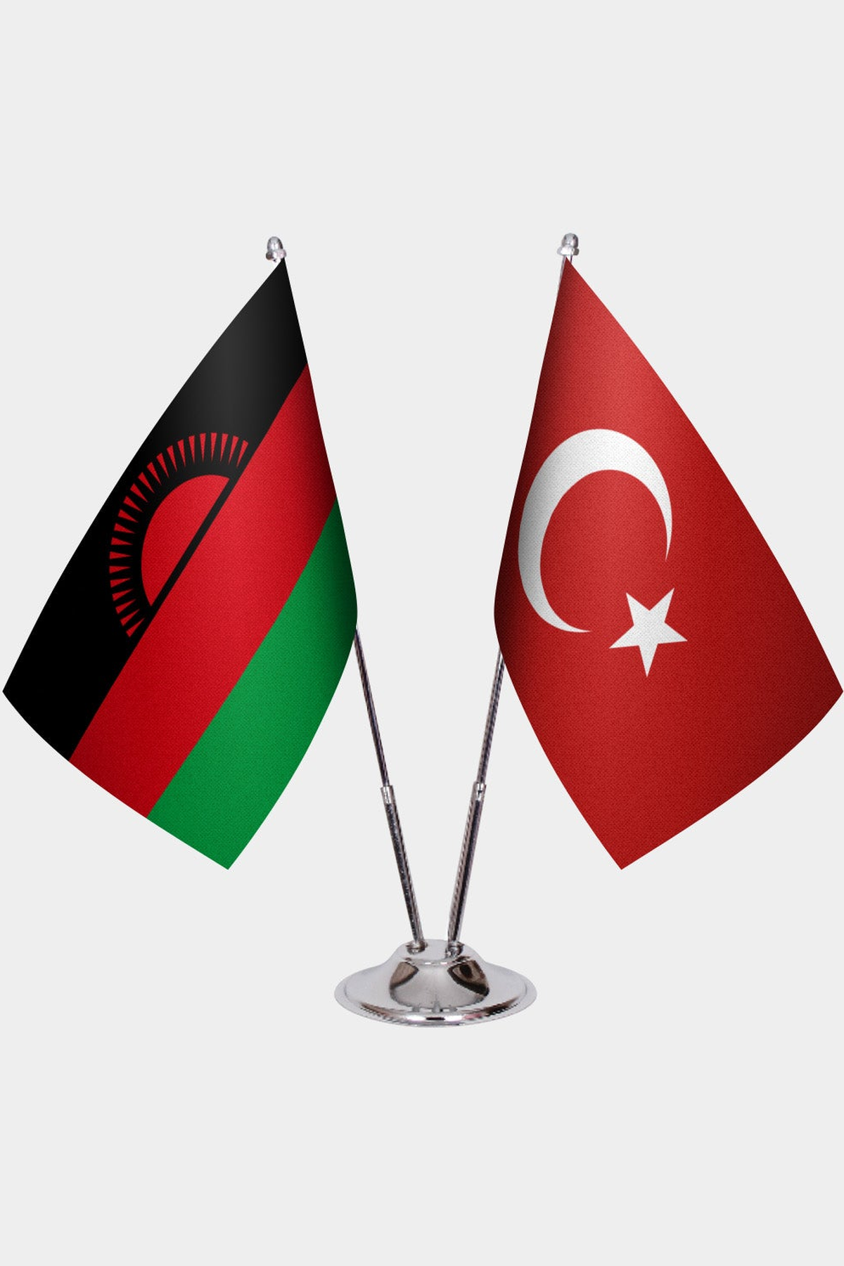 Malawi and Türkiye dual desk flag set with chrome silver pedestal, satin office table flag