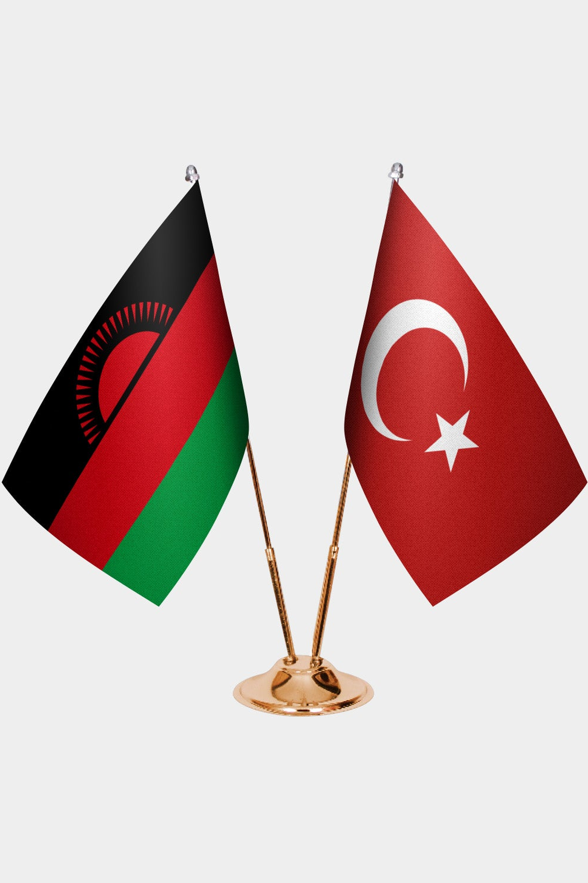 Malawi and Türkiye dual desk flag set with gold pedestal, satin office table flag