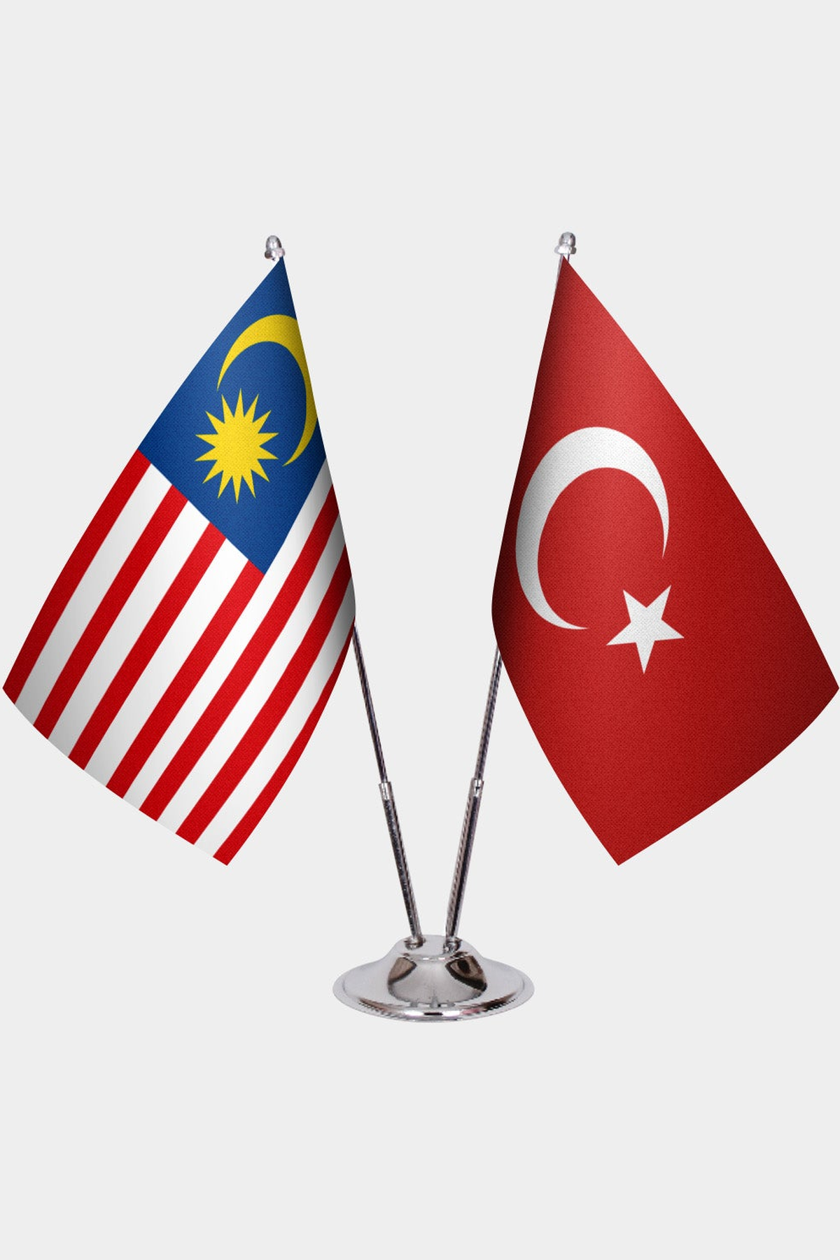 Malaysia and Türkiye dual desk flag set with chrome silver pedestal, satin office table flag